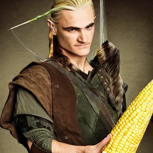 Prompt: Legolas cradling a giant piece of corn, photorealistic, somber,