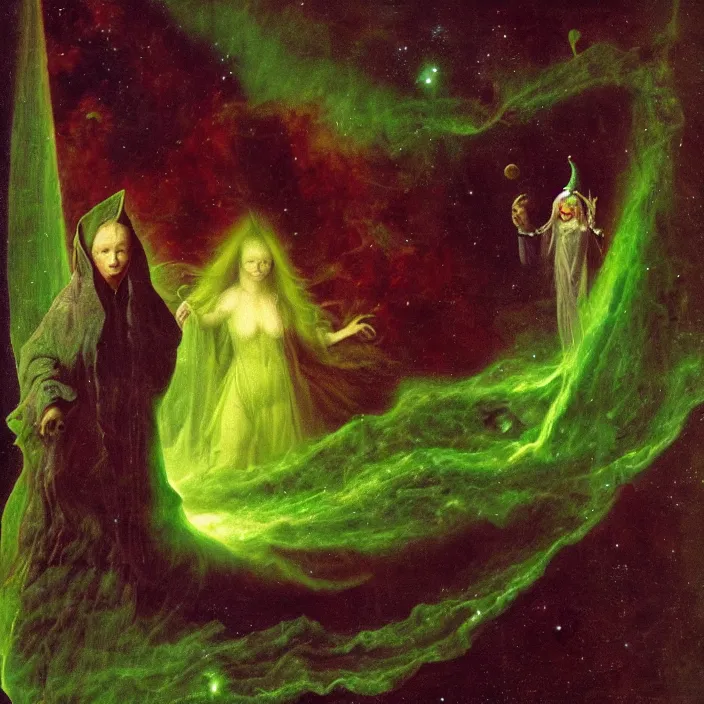 Prompt: a closeup portrait of a cloaked woman floating next to a green - horned goblin monster nebula, green - horned goblin monster nebula, by jan van eyck