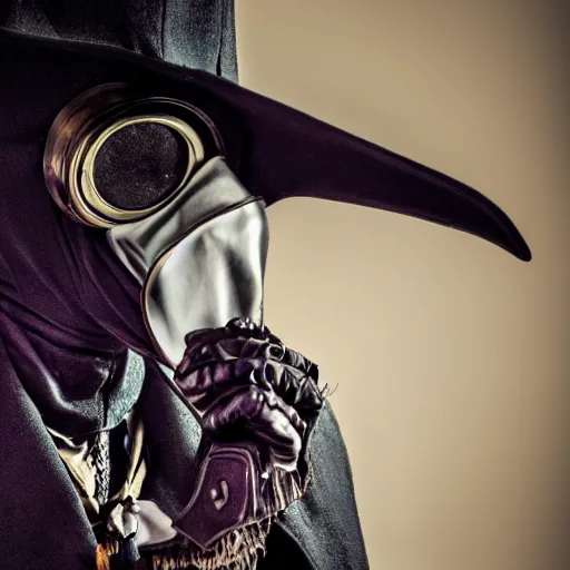 Image similar to The Plague doctor, steampunk style, studio portrait photo, 50mm lens