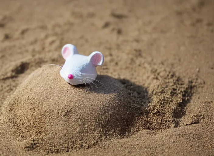 Prompt: dslr photo still of a cute little white mouse peaking out of a sand castle on wet sand in a bright sunny day, 8 k, 8 5 mm f 1. 4