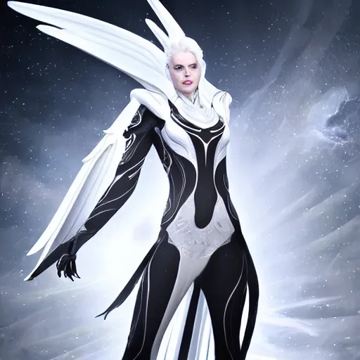Prompt: tall, attractive white haired alien wearing white dove wings, warframe armor, regal, attractive, ornate, sultry, sexy, beautiful, elize theron, pretty face, green eyes, scifi platform, 4 k, ultra realistic, epic lighting, illuminated, cinematic, black gold, art by akihito tsukushi, voidstar