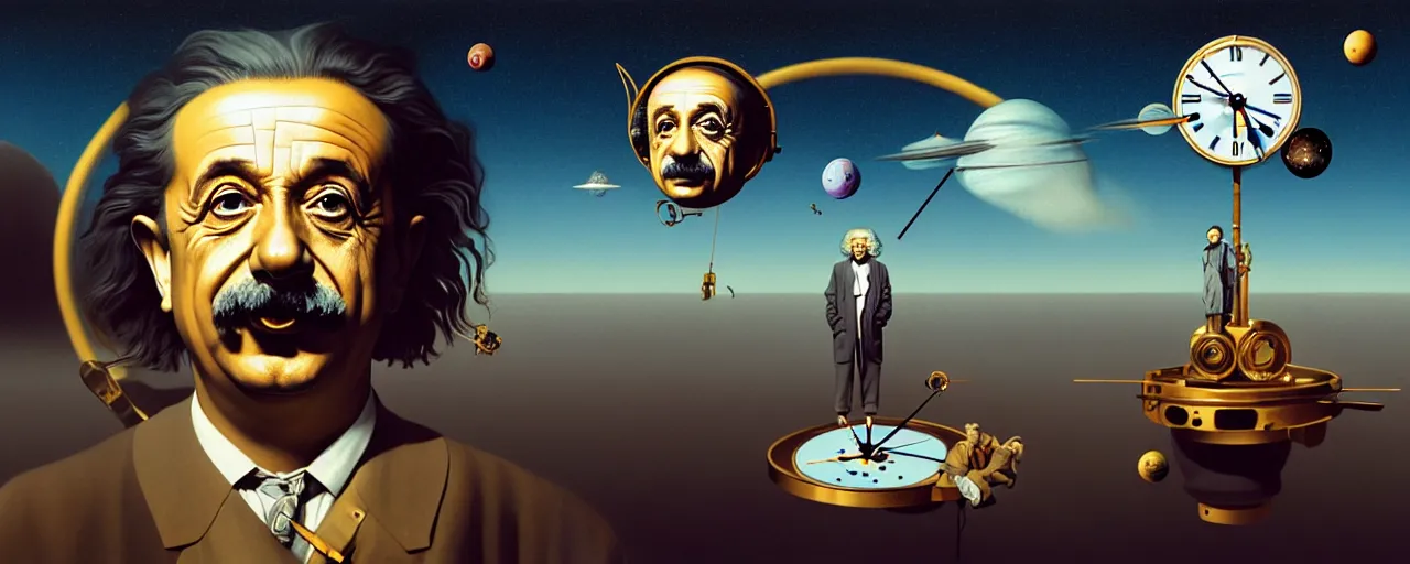 Image similar to duotone surrealist illustration 3 / 4 portrait of albert einstein measuring time on salvadore dali clock in outer space. golden ratio accidental renaissance. by sachin teng and sergey kolesov and ruan jia and heng z. graffiti art, scifi, fantasy, hyper detailed. octane render. concept art. trending on artstation