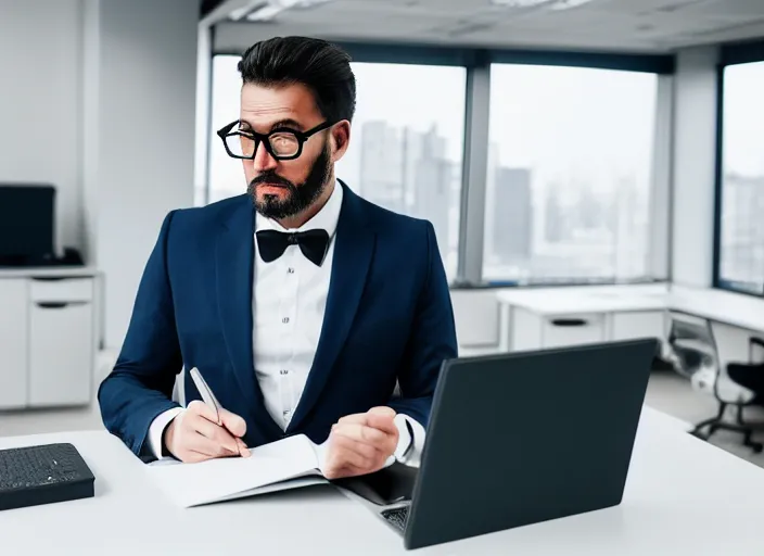 Prompt: photo of a serious husky in a suit and glasses, reading a document at a desk in an office. Highly detailed 8k. Intricate. Sony a7r iv 55mm. Award winning.