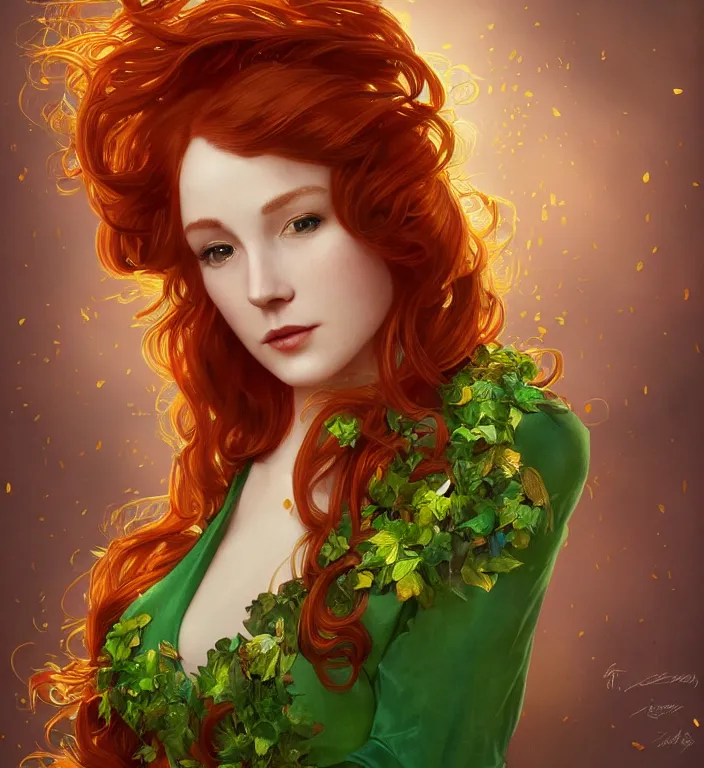 Image similar to portrait of a red haired woman wearing a green satin dress with fine gold filigree, autumn leaves falling, dramatic volumetric lighting, god rays, global illumination, soft, sharp focus, ivy, masterpiece, moss, trending on artstation, concept art by artgerm and Alphonse Mucha and Ryan Lang