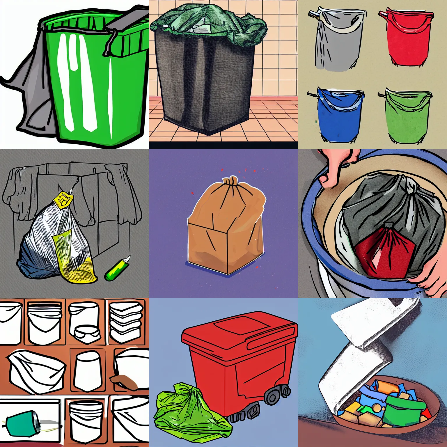 Prompt: throw garbage bag into container, guide, how-to, digital illustration