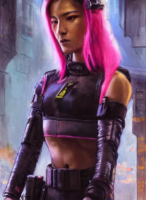 Prompt: Nikki tanaka. beautiful cyberpunk female USN marine wearing a military vest and a pink tactical catsuit (cyberpunk 2077, bladerunner 2049). gorgeous face. Iranian orientalist portrait by john william waterhouse and Edwin Longsden Long and Theodore Ralli and Nasreddine Dinet, oil on canvas. Cinematic, hyper realism, realistic proportions, dramatic lighting, high detail 4k