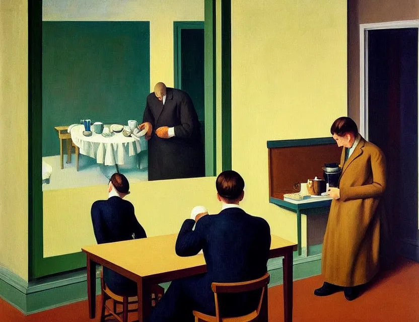 Image similar to a painting of a professor making a study of drinking 1 0 cups of coffee into a droste effect, dark monday mood in a kitchen that is slowly melting, styled and painted by edward hopper and rene magritte