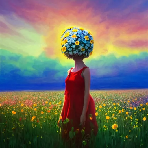 Image similar to full body daisy flower head girl standing in a flower field, her head is hidden behind the huge daisy flower,. surreal photography, sunrise, dramatic light, impressionist painting, colorful clouds, digital painting, artstation, simon stalenhag