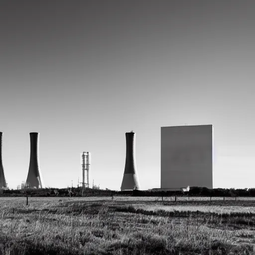 Prompt: black and white photo of a nuclear facility