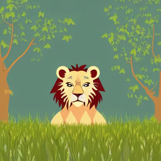 Image similar to Lion in a meadow with hornbeam, Behance, illustration kawaii, vector, sharp focus, 4k