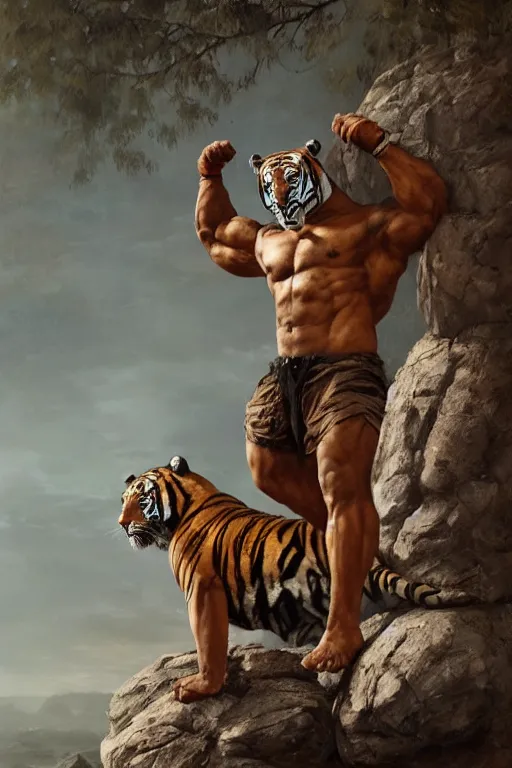 Image similar to a humanoid muscular man with a tiger mask stands on a rock by greg rutkowski, magic realism, hyper realistic, 2 0 0 mm lens