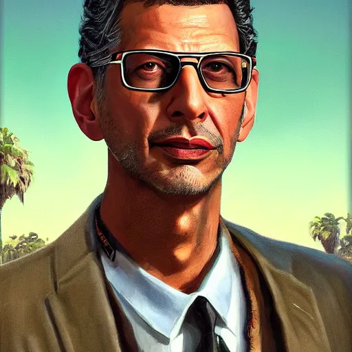 Image similar to Portrait of a Jeff Goldblum in GTA V , art by Albert Bierstadt and James Gurney, highly detailed, digital painting, matte painting, concept art, illustration, oppressive lighting, trending on artstation, very detailed