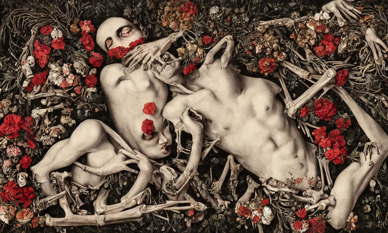 Prompt: man with large eyes and lips laying in bed of bones of flowers, feeling an existential dread of love, HD Mixed media, highly detailed and intricate, surreal illustration in the style of Caravaggio, baroque dark art