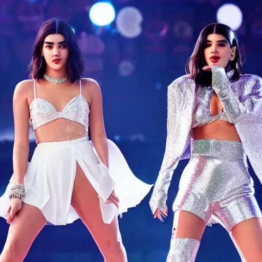 Prompt: Singer Dua Lipa on stage dancing with Michael Jackson