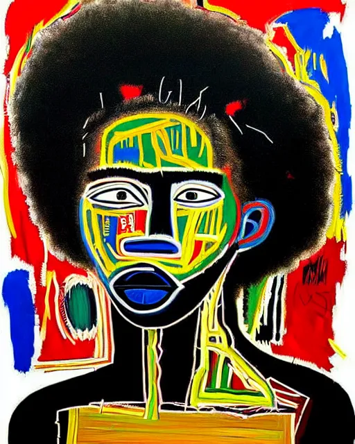 Image similar to A extremely ultra highly detailed majestic hi-res beautiful immaculate head and shoulders award winning painting stunning masterpiece of the face of a strong black african warrior man with an afro by Jean-Michel Basquiat, 8k, high textures, ultra hyper sharp, insanely detailed and intricate, super detailed, 8k HDR ultra high quality