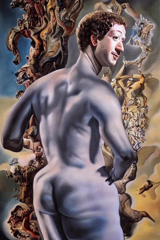 Image similar to photorealistic painting of mark zuckerberg as leda atomica by salvador dali, hyperdetailed, centered, masterpiece, surrealism