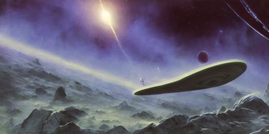 Prompt: enterprise from star trek tng orbiting over a alien planet, volumetric light from nearby star, style by caspar david friedrich and wayne barlowe and ted nasmith.