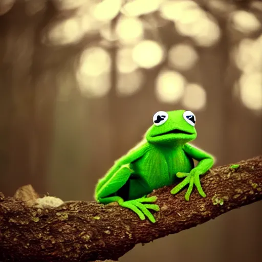 Image similar to very very very very cute baby Kermit the Frog, portrait, pixar style, forest background, cinematic lighting, award winning creature portrait photography