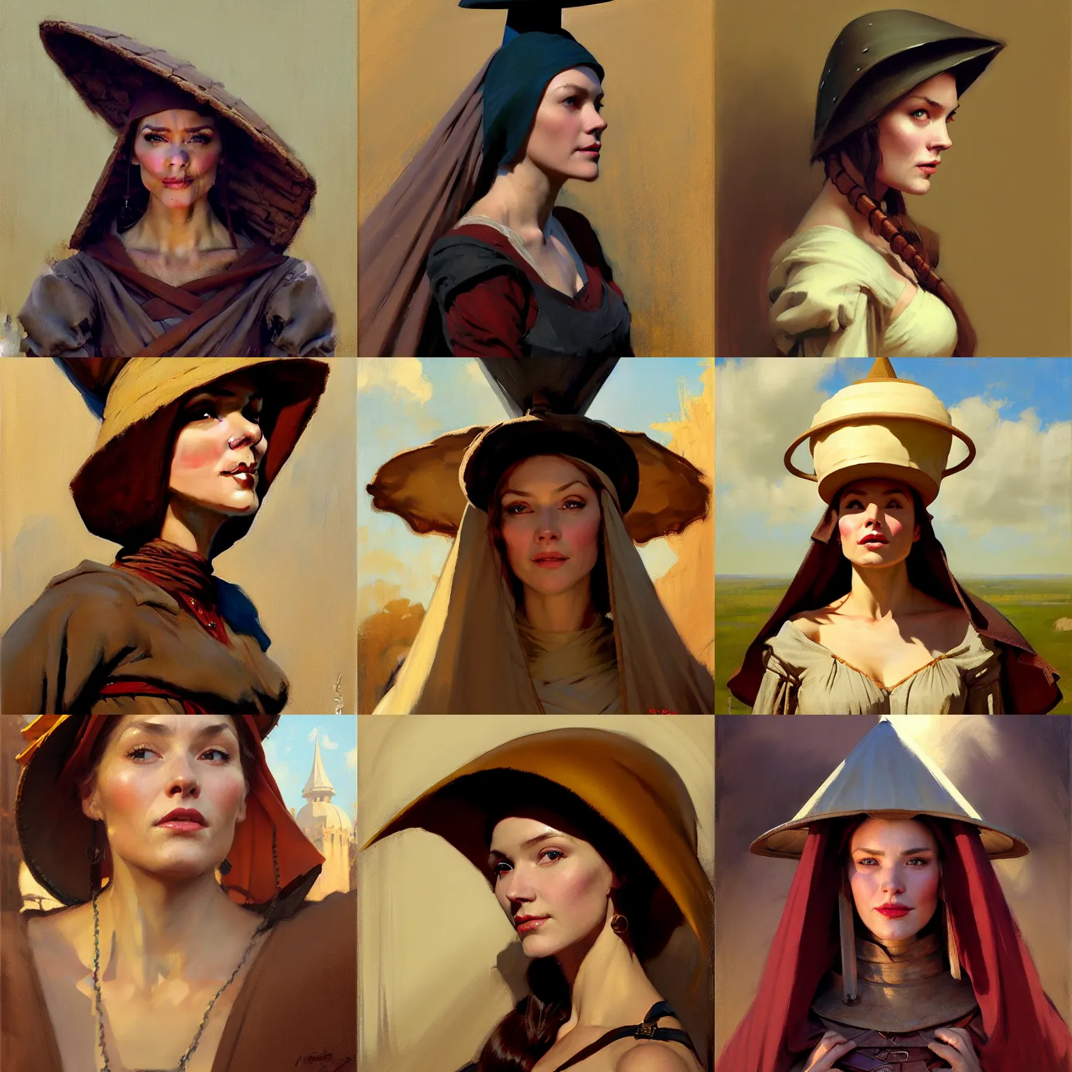 Prompt: greg manchess portrait of a fair medieval woman, conical hat, tall forehead, matte painting, trending on artstation, by huang guangjian, gil elvgren, sachin teng, greg rutkowski, magali villeneuve, artgerm, jeremy lipkin, michael garmash and, rey