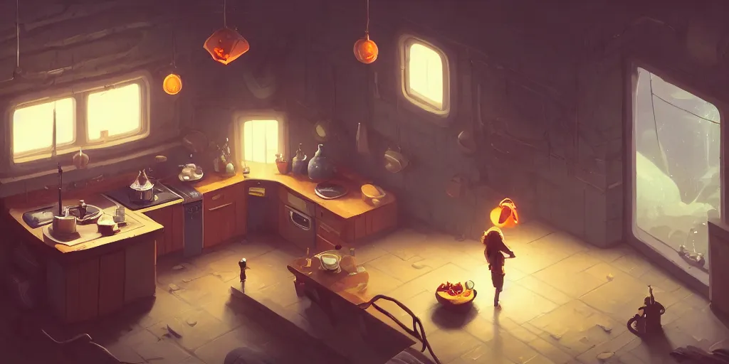 Prompt: cute solitary kitchen dim lit by a candle ripped physique simon stalenhag gerald brom bastien grivet by greg rutkowski, game background, fisheye lens, high angle view