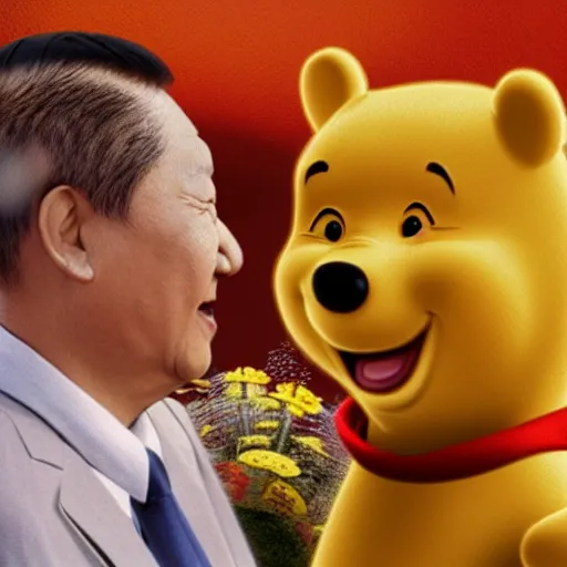 Prompt: an award winning cinematic still of Xi Jinping as Winnie the Pooh, 16k photograph