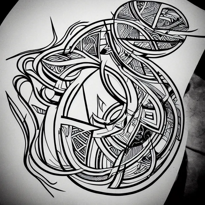 Prompt: minimal bold line work abstract minimal shape tribal recursive design, black and white, sacred geometry, tattoo design, blackwork, geometric