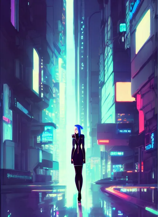 Image similar to hyper realistic photograph of cyberpunk pretty girl with blue hair, wearing a tight black dress, in city street at night, by makoto shinkai, ilya kuvshinov, lois van baarle, rossdraws, basquiat