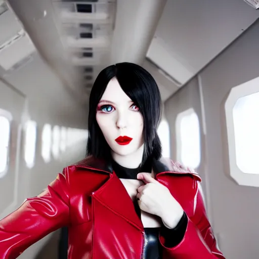 Image similar to Android girl, very pale skin, red lipstick, green eyes, jet black hair, cherry-red jacket, black leather pants, boots, hair over one eye, futuristic capsule hotel