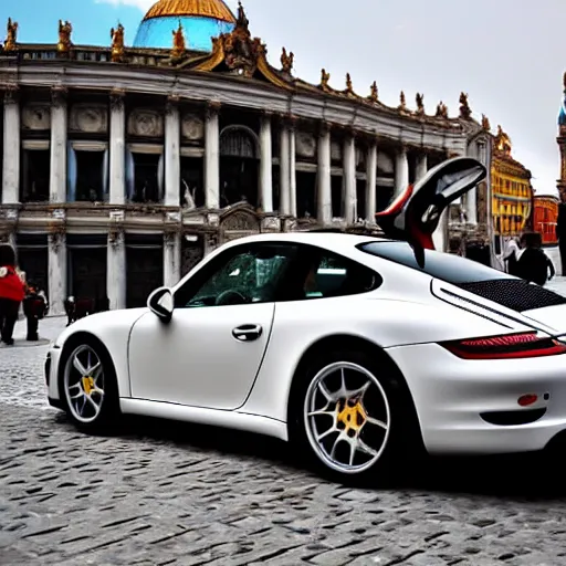 Image similar to a stunning award-winning photo of the Pope doing a sick drift in his Porsche on St. Peter's square, dark tire marks, gray smoke coming out of the tires, very high quality, extremely detailed