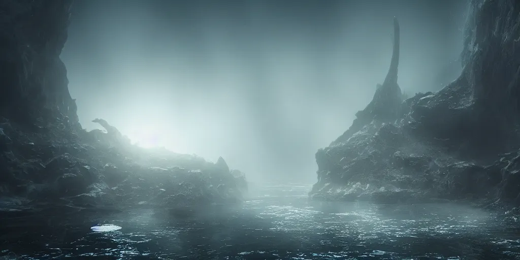 Prompt: there is a sea of underworld, there are fish, it is thousands of miles wide, and no one knows how to cultivate it, light through the mist, dramatic lighting, photorealistic, cinematic lighting, high detail, cinematic feel, high octane, 4K, Unreal Engine, digital render, intricate, ultra realistic, concept art