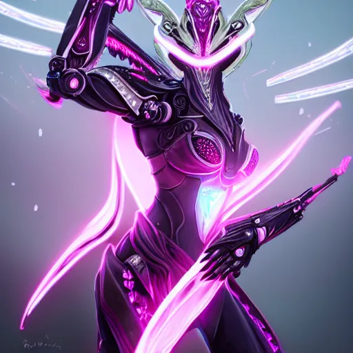 Image similar to highly detailed exquisite fanart, of a beautiful female warframe, but as an anthropomorphic robot female dragon, glowing eyes, off-white plated armor, bright Fuchsia skin, royal elegant pose, bust shot torso up, epic cinematic shot, realistic, professional digital art, high end digital art, sci fi, DeviantArt, artstation, Furaffinity, 8k HD render, epic lighting, depth of field