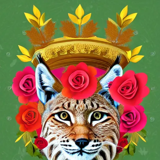 Prompt: lynx wearing a flower circle made out of roses and golden leaves on his head, a majestic crown, wide shot, an expressive digital painting, high quality art