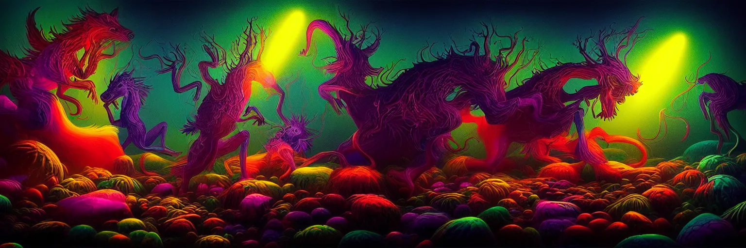 Image similar to microscopic mythical creatures from the depths of the collective unconscious, dramatic lighting with shallow dof, surreal darkly colorful painting by ronny khalil