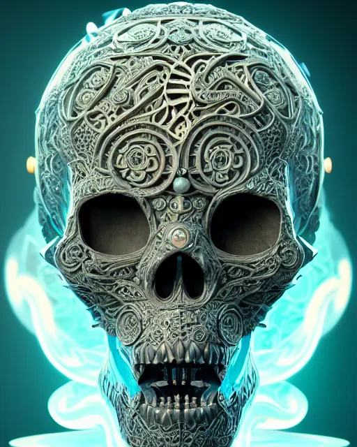 Image similar to 3 d ornate carved robot with tattoos profile portrait, sigma 5 0 0 mm f / 5. beautiful intricate highly detailed skull. bioluminescent, plasma, lava, ice, water, wind, creature, thunderstorm! artwork by tooth wu and wlop and beeple and greg rutkowski, 8 k trending on artstation