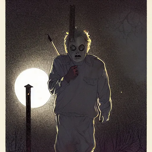 Image similar to michael myers in outside the myers house, halloween night, finely illustrated pale mask, moon light, shrubs, highly detailed, colored pencil, gainax, tankobon, in the style of ilya kuvshinov and yoshiyuki sadamoto and william - adolphe bouguereau and alphonse mucha