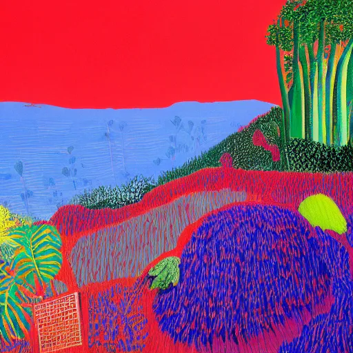 Prompt: painting of a lush natural scene on an alien planet by david hockney. beautiful landscape. weird vegetation. cliffs and water.