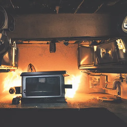 Image similar to cyborg toaster oven repairman, dark messy smoke - filled cluttered workshop, dark, dramatic lighting, orange tint, sparks, cinematic, highly detailed, sci - fi, futuristic, movie still