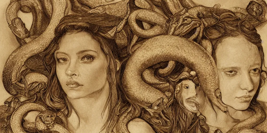 Image similar to realistic portrait of beautiful scylla with her snakes, golden, delicate, facing camera, hyper realism, 1 4 5 0, ink, ultra realistic, 8 k