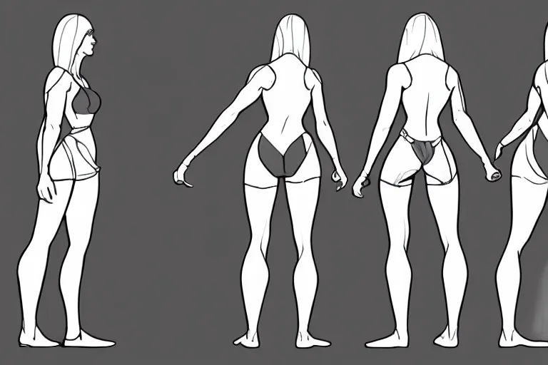 Image similar to a model sheet contaning a female mache hero in the front back and side views, proportions,