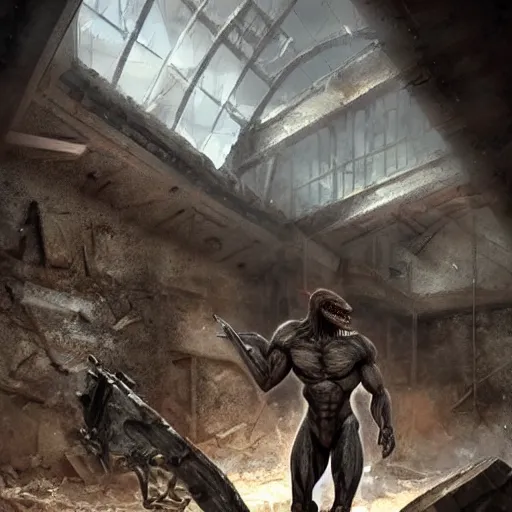 Image similar to a hyper - muscular anthro velociraptor with a magnificently muscular physique wearing tactical gear standing in the ruins of a facility, equine, highly detailed, digital painting, artstation, concept art, magic the gathering, illustration by artgerm, greg rutkowski