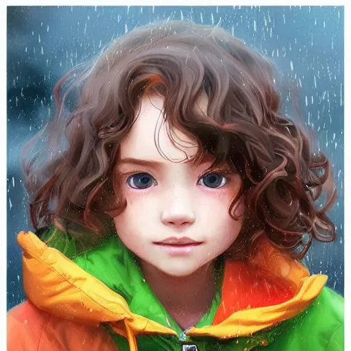 Prompt: a little girl with short wavy curly light brown hair and blue eyes wearing a colorful raincoat in the rain. by artgerm and greg rutkowski and ilya kuvshinov