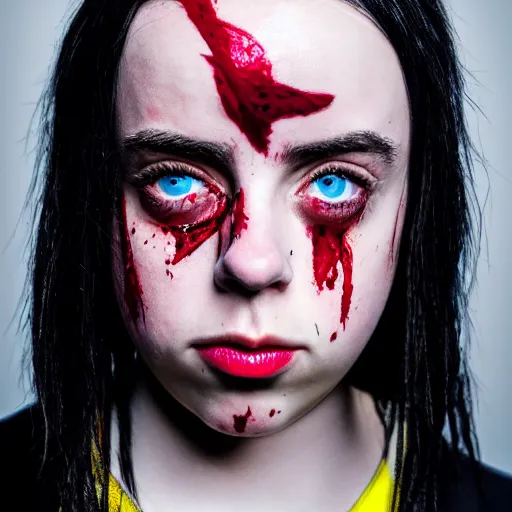 Image similar to Billie Eilish with blood coming from her eyes, XF IQ4, 150MP, 50mm, F1.4, ISO 200, 1/160s, natural light, Adobe Lightroom, photolab, Affinity Photo, PhotoDirector 365