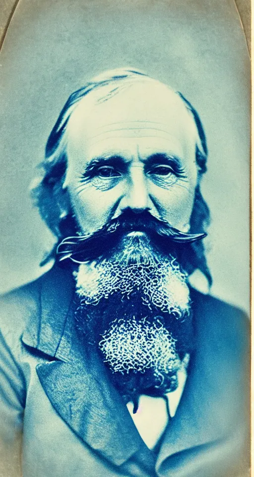 Image similar to a Cyanotype photograph of a grizzled old sea captain with a walrus mustache