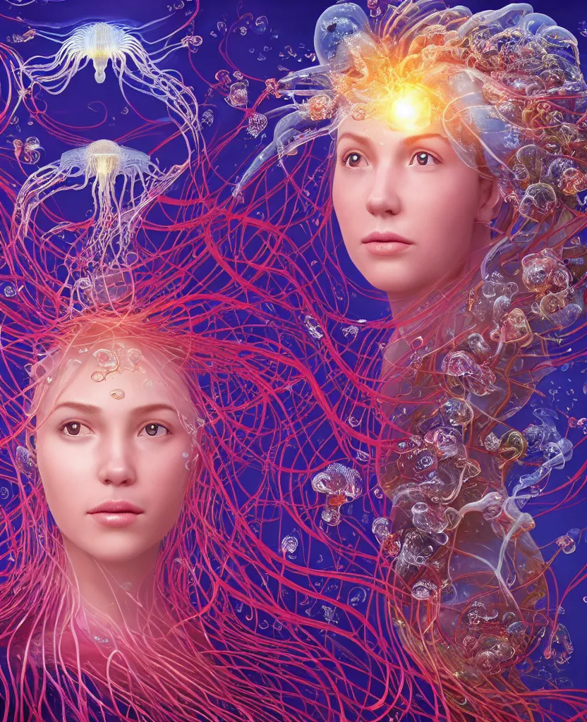 Image similar to close-up portrait of the face of a beautiful princess, surrounded by intricate twisted flowers orchid jellyfish and energy flow, water and plasma flow splashes, epic angle and pose, symmetrical artwork, 3d with depth of field, blurred background, floating jellyfish skull phoenix bird, translucent, nautilus, energy flows of water and fire. a highly detailed epic cinematic concept art CG render. made in Maya, Blender and Photoshop, octane render, excellent composition, cinematic dystopian brutalist atmosphere, dynamic dramatic cinematic lighting, aesthetic, very inspirational, arthouse. y Greg Rutkowski, Ilya Kuvshinov, WLOP, Stanley Artgerm Lau, Ruan Jia and Fenghua Zhong