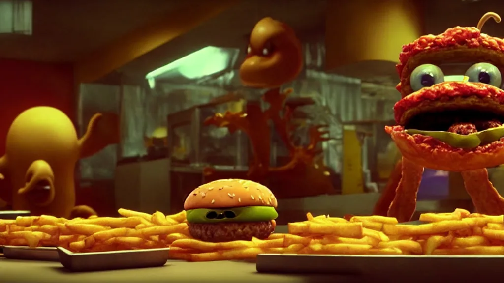 Image similar to the strange cheeseburger creature at the fast food place, film still from the movie directed by denis villeneuve and david cronenberg with art direction by salvador dali and zdzisław beksinski, pixar, wide lens