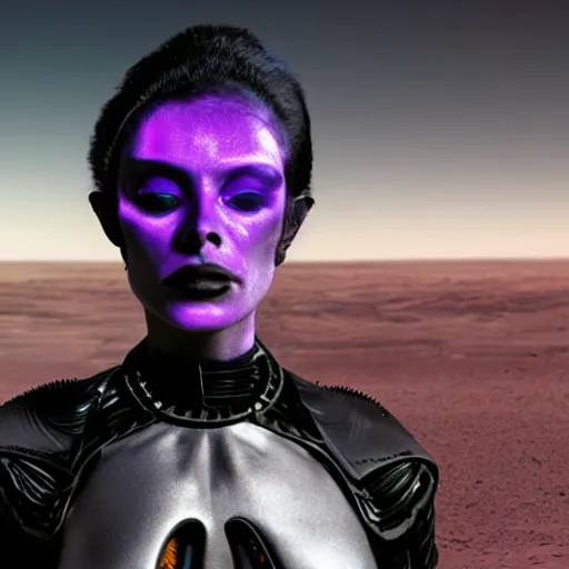 Prompt: portrait of mysterious humanoid, with hair like wisps of smoke, wearing gothy purple and black spandex suit, standing next to smashed spacecraft wreckage, on the orange surface of mars, highly detailed, dramatic lighting, photorealistic, movie still from Dune