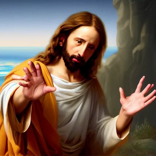 Image similar to uhd real 8 k photo of jesus flipping people off, digital art, portrait, portrait concept art, special effects, finely detailed, studio lighting, correct details, correct face, real jesus