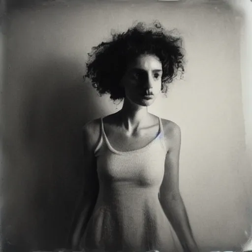 Image similar to polaroid picture, beautiful woman, curly hair, artistic, black and white, eerie, francesca woodman style