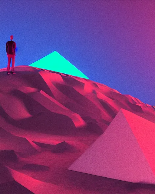 Image similar to a man standing in the middle of a mountain with a glowy neon triangle, a render by filip hodas, behance contest winner, environmental art, rendered in cinema 4 d, volumetric lighting