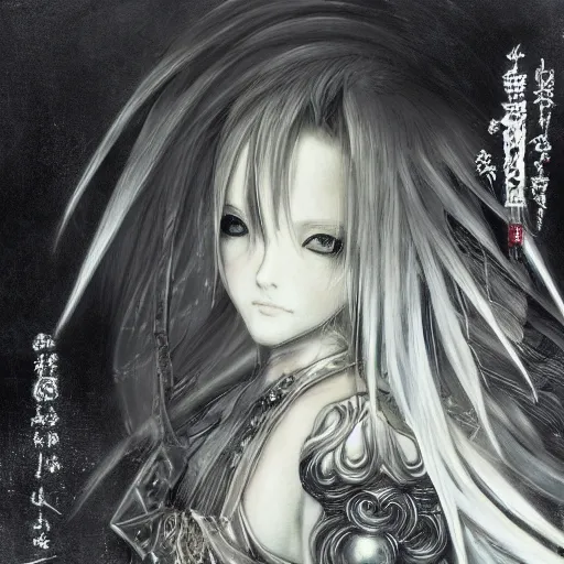 Image similar to yoshitaka amano blurred and dreamy illustration of an anime girl with black eyes, wavy white hair fluttering in the wind wearing elden ring armor with engraving, abstract black and white patterns on the background, noisy film grain effect, highly detailed, renaissance oil painting, weird portrait angle, blurred lost edges, three quarter view